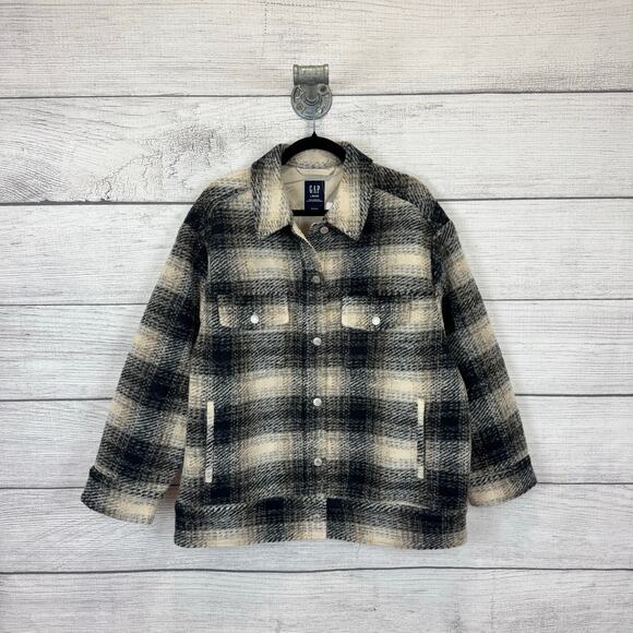 Gap Women's Black & Cream Plaid Wool Fuzzy Thick Shacket Size Large Petite - Picture 1 of 9